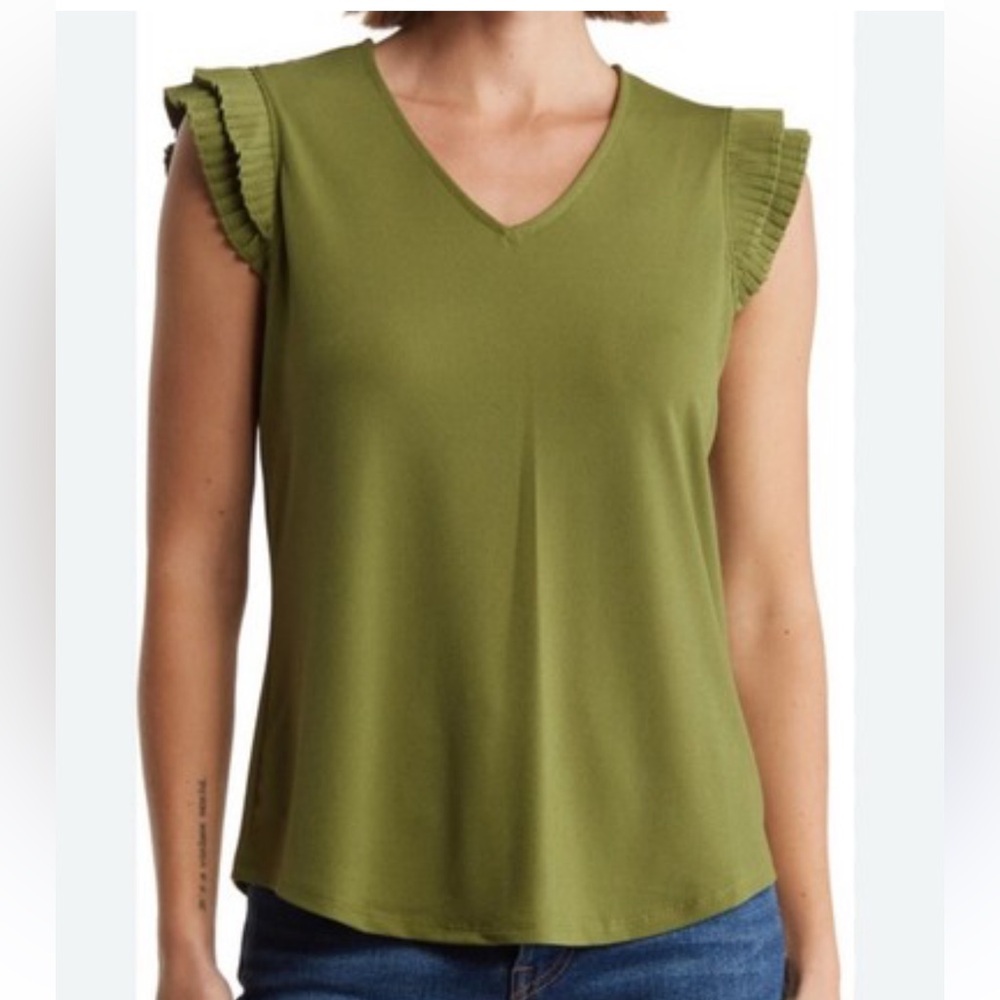 Adrianna Papell Olive Green Ruffle Sleeve V-Neck Blouse